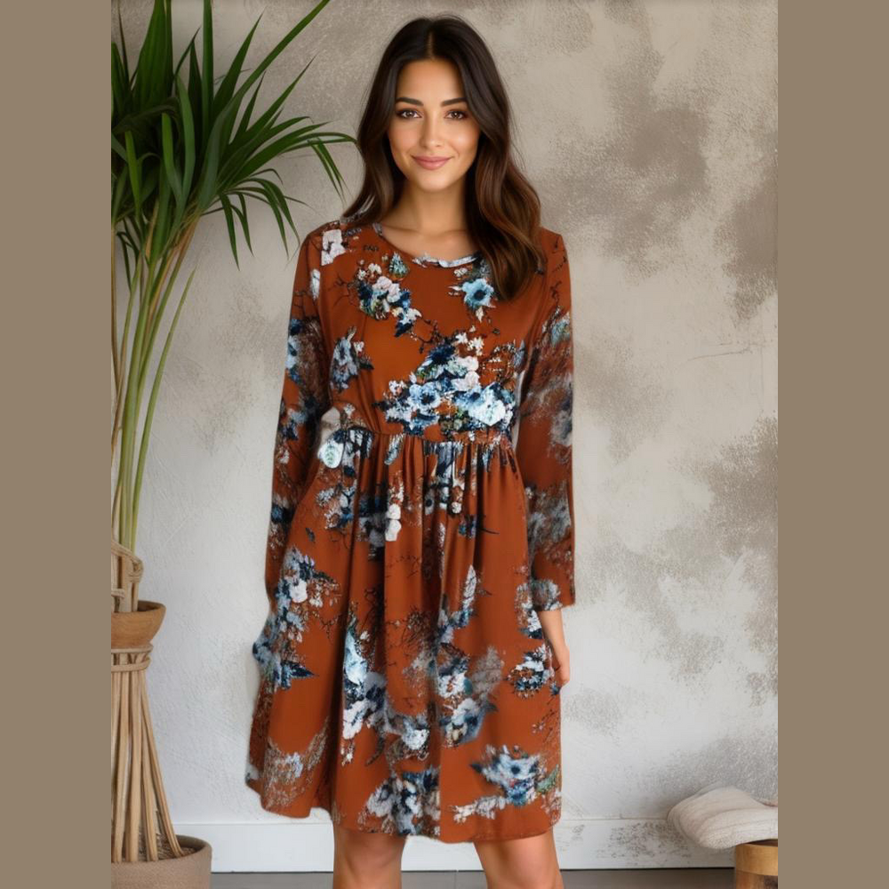 Neesee Boutique Dress Medium Burnt Orange Blue Floral